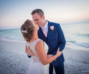 bride and groom on beach